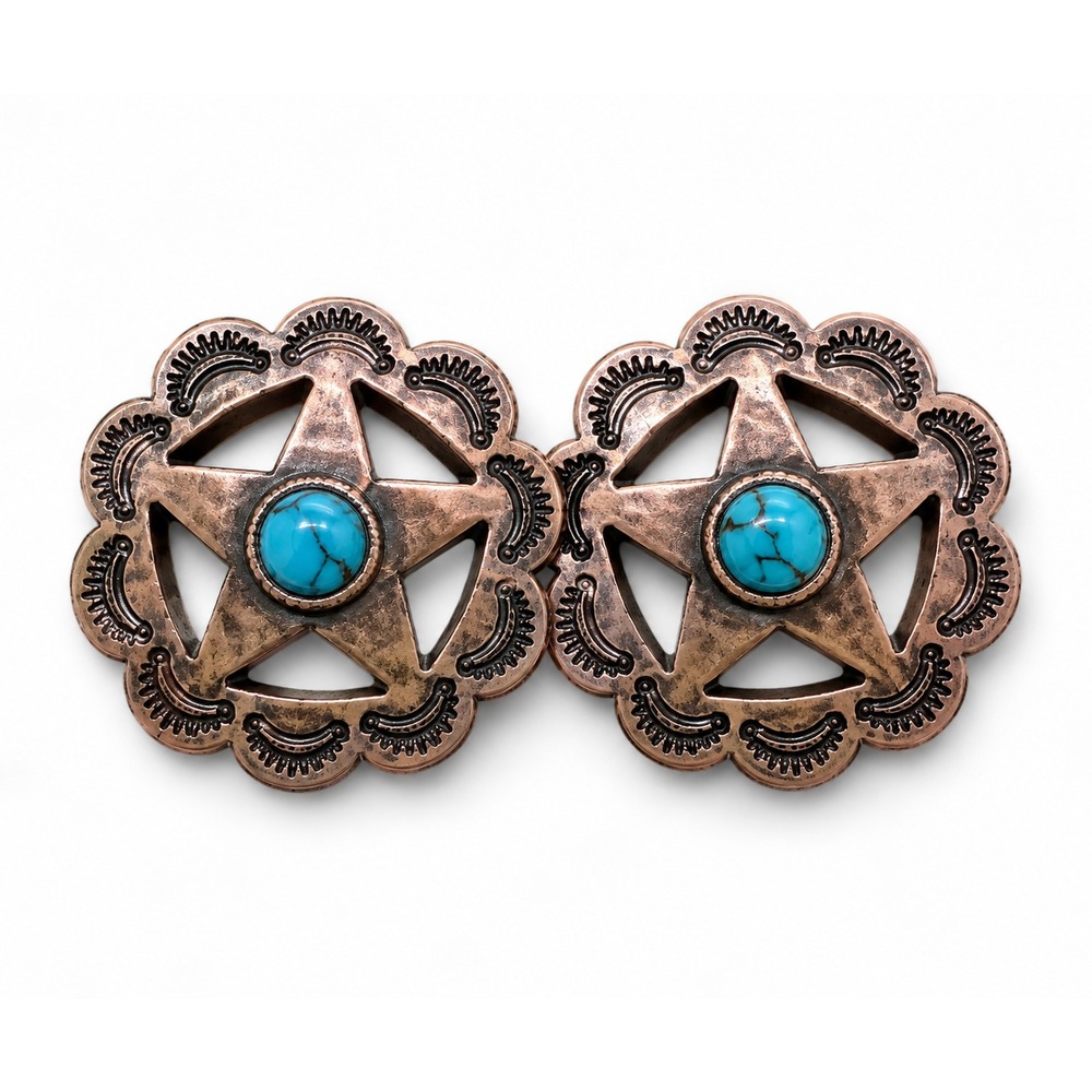 Western Star Concho Stud Earrings Copper Turquoise Stone Cowgirl Texas